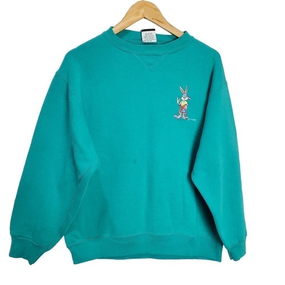 Vintage 90s Bugs Bunny Sweater Womens Large Blue Hip Hop Crew Neck Long Sleeve - Picture 1 of 10